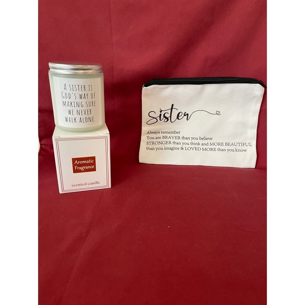 Sister Gift Set Aromatic Scented Candle and Canvas Makeup Pouch White Cream